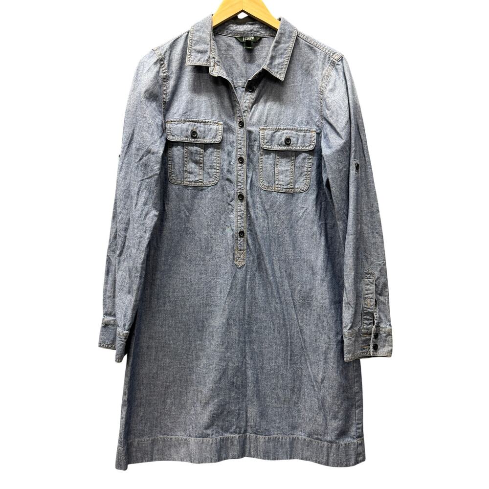 J Crew Chambray Dress Blue Popover Roll Tab Sleeves Coastal Womens Medium Cotton